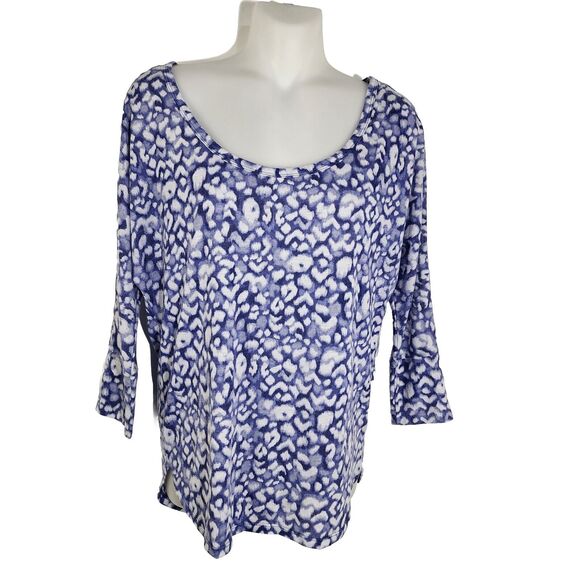 American Eagle Womens Top Size Small Petite Blue White Printed 3/4 Sleeve Hi Low - Picture 1 of 8